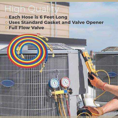 صمام كروي بديل لخرطوم 29986 Plus II 1/4 بوصة 72 بوصة مع صمام كروي مدمج R-410A، 3 عبوات (أزرق أصفر أحمر) in Kuwait