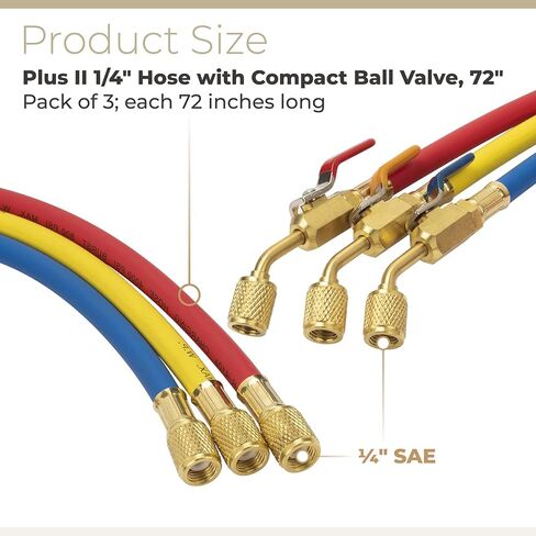 صمام كروي بديل لخرطوم 29986 Plus II 1/4 بوصة 72 بوصة مع صمام كروي مدمج R-410A، 3 عبوات (أزرق أصفر أحمر) in Kuwait