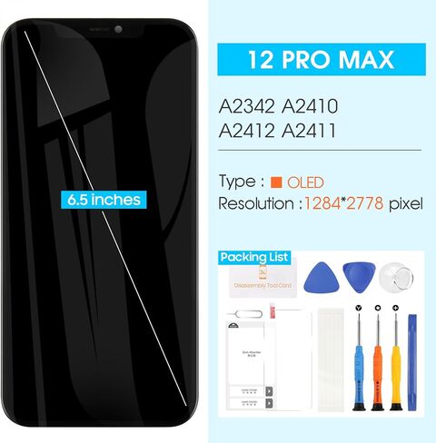 استبدال شاشة OLED لهاتف iPhone 12 Pro Max، شاشة LCD رقمية تعمل باللمس، أدوات إصلاح التجميع الكاملة لـ A2342، A2410، A2412، A2411 (6.5 بوصة، COF OLED الناعم) in Saudi Arabia