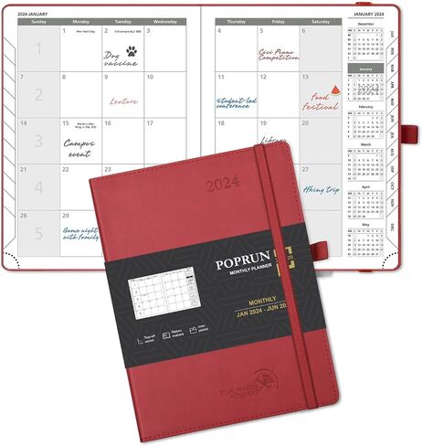 POPRUN Monthly Planner 2024-2025 (6.5'' x 8.5'') 18-Month Calendar Book (Jan.2024-Jun.2025) Soft Cover, Planner with Monthly Tabs & Pocket, 100 GSM Paper - Green in Kuwait