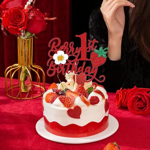 الفراولة عيد ميلاد الأول كعكة توبر، حفلة عيد ميلاد التوت مع زهرة بريق الفاكهة الحلوة موضوع عيد ميلاد الأول لاستحمام الطفل موضوع الفراولة، التوت حفلة عيد ميلاد الأول كعكة زينة لوازم in Saudi Arabia
