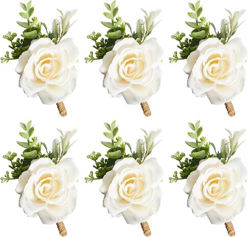 Ivory Rose Boutonniere for Men Wedding Set of 6 Groom Groomsmen Best Man Artificial Flowers Boutonniere for Wedding Ceremony Anniversary Prom Flowers Formal Dinner Party in Saudi Arabia