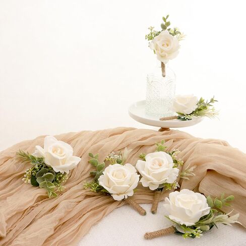 Ivory Rose Boutonniere for Men Wedding Set of 6 Groom Groomsmen Best Man Artificial Flowers Boutonniere for Wedding Ceremony Anniversary Prom Flowers Formal Dinner Party in Saudi Arabia