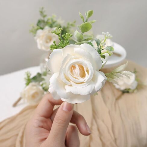 Ivory Rose Boutonniere for Men Wedding Set of 6 Groom Groomsmen Best Man Artificial Flowers Boutonniere for Wedding Ceremony Anniversary Prom Flowers Formal Dinner Party in Saudi Arabia