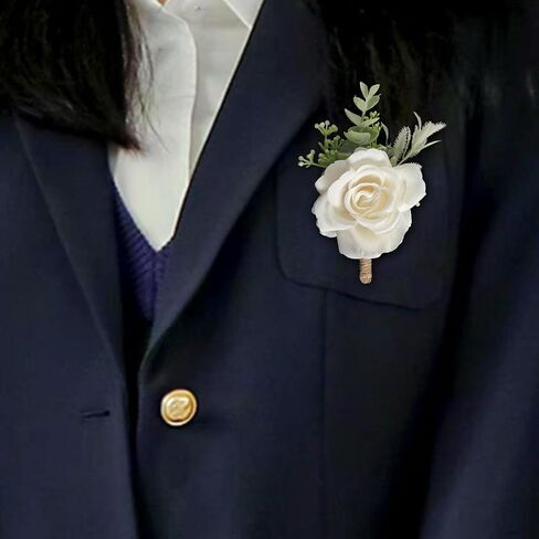 Ivory Rose Boutonniere for Men Wedding Set of 6 Groom Groomsmen Best Man Artificial Flowers Boutonniere for Wedding Ceremony Anniversary Prom Flowers Formal Dinner Party in Saudi Arabia