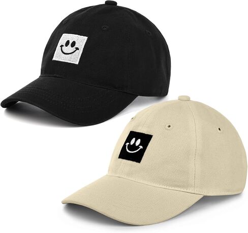 2 Pack Kids Smiley Face Baseball Cap for Girls Boys,Adjustable Washed Cotton Baseball Hat with Ponytail in Saudi Arabia