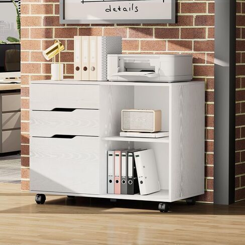 3-Drawer Wood File Cabinet with Wheel, Mobile Chest Storage Cabinet, Printer Stand with Storage Shelves for Home Office,White in Saudi Arabia
