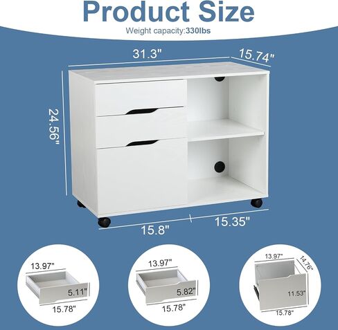 3-Drawer Wood File Cabinet with Wheel, Mobile Chest Storage Cabinet, Printer Stand with Storage Shelves for Home Office,White in Saudi Arabia