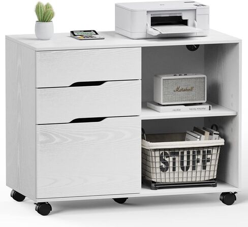 3-Drawer Wood File Cabinet with Wheel, Mobile Chest Storage Cabinet, Printer Stand with Storage Shelves for Home Office,White in Saudi Arabia