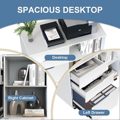 3-Drawer Wood File Cabinet with Wheel, Mobile Chest Storage Cabinet, Printer Stand with Storage Shelves for Home Office,White in Saudi Arabia