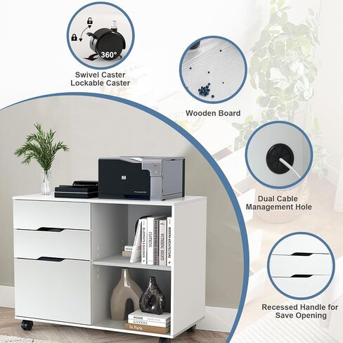 3-Drawer Wood File Cabinet with Wheel, Mobile Chest Storage Cabinet, Printer Stand with Storage Shelves for Home Office,White in Saudi Arabia