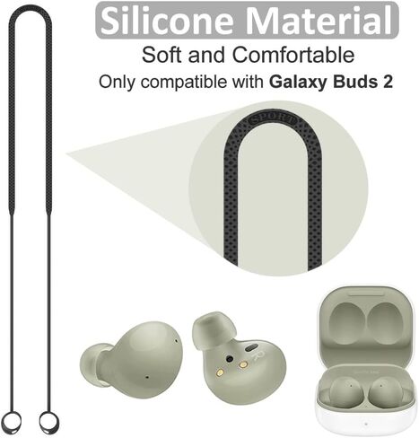 Strap Ear Tips Kit for Galaxy Buds 2 SM-R177, Anti-Lost Soft Silicone Lanyard Neck Rope Cord Leash Gel Eartips Earbuds Skin Accessories Compatible with Samsung Galaxy Buds 2 - Black in Saudi Arabia