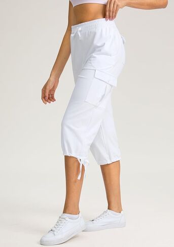 سروال كابري نسائي من القطن من SANTINY ناعم ومطاط برباط للسفر كاجوال للنساء مع 6 جيوب in Kuwait