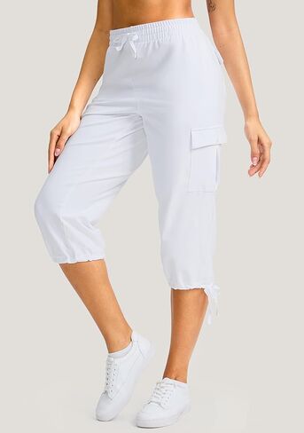 سروال كابري نسائي من القطن من SANTINY ناعم ومطاط برباط للسفر كاجوال للنساء مع 6 جيوب in Kuwait