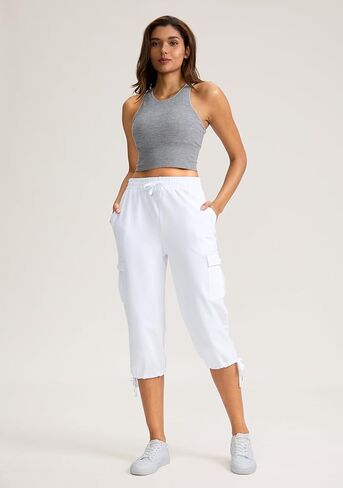 سروال كابري نسائي من القطن من SANTINY ناعم ومطاط برباط للسفر كاجوال للنساء مع 6 جيوب in Kuwait