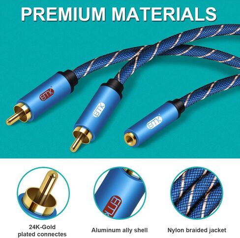 EMK 3.5 ملم أنثى إلى 2 RCA محول كابل صوت ستيريو 35 سم 24 قيراط مطلي بالذهب متوافق مع الهواتف الذكية، MP3، الأجهزة اللوحية، المسرح المنزلي والمزيد، أزرق in Saudi Arabia