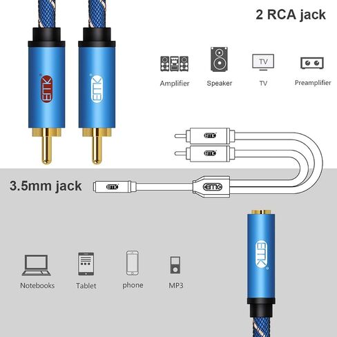 EMK 3.5 ملم أنثى إلى 2 RCA محول كابل صوت ستيريو 35 سم 24 قيراط مطلي بالذهب متوافق مع الهواتف الذكية، MP3، الأجهزة اللوحية، المسرح المنزلي والمزيد، أزرق in Saudi Arabia