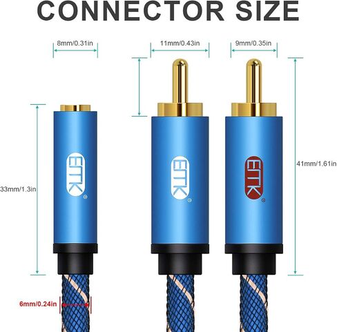 EMK 3.5 ملم أنثى إلى 2 RCA محول كابل صوت ستيريو 35 سم 24 قيراط مطلي بالذهب متوافق مع الهواتف الذكية، MP3، الأجهزة اللوحية، المسرح المنزلي والمزيد، أزرق in Saudi Arabia
