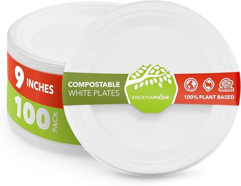 Stock Your Home 100% Compostable Plates 9 Inch (100 Count) Large Heavy Duty Biodegradable Paper Plate for Dinner, Eco-Friendly Recyclable Disposable Sustainable, Natural Bagasse in Kuwait