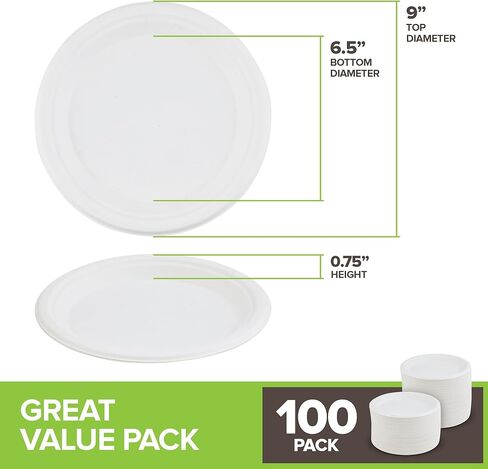 Stock Your Home 100% Compostable Plates 9 Inch (100 Count) Large Heavy Duty Biodegradable Paper Plate for Dinner, Eco-Friendly Recyclable Disposable Sustainable, Natural Bagasse in Kuwait