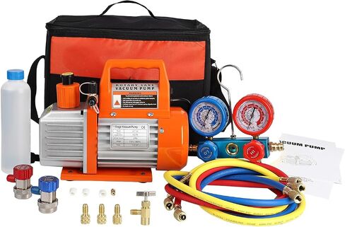 110V 1/4 HP 3.5CFM Single Stage Rotary Vane Air Vacuum Pump and R134a AC Manifold Gauge Set Kit with Carry Bag for HVAC Air Conditioning Refrigeration Recharging ETL Listed in Saudi Arabia