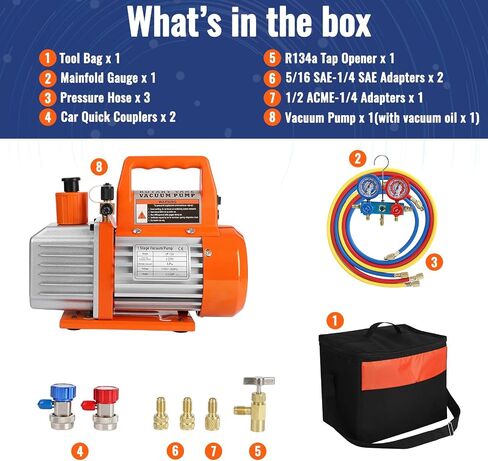 110V 1/4 HP 3.5CFM Single Stage Rotary Vane Air Vacuum Pump and R134a AC Manifold Gauge Set Kit with Carry Bag for HVAC Air Conditioning Refrigeration Recharging ETL Listed in Saudi Arabia