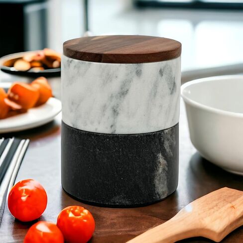 قبو ملح رخامي، قبو فلفل، مجموعة مكونة من قطعتين، حامل ثنائي كبير للملح والفلفل قابل للتكديس مع أسطح محكمة الغلق، وأواني قرصة توابل موفرة للمساحة، وأوعية ملح وفلفل رخامية باللونين الأسود والأبيض مع أغطية in Kuwait