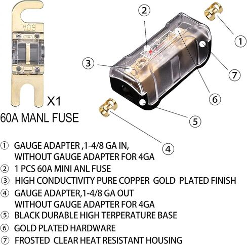 Magic source Mini ANL Fuse Holder Wire Inline Fuse 60 A,4/8 Gauge to 4/8 Ga Copper Gold-Plated Fuse Block for Car Audio (1 Way) in Saudi Arabia