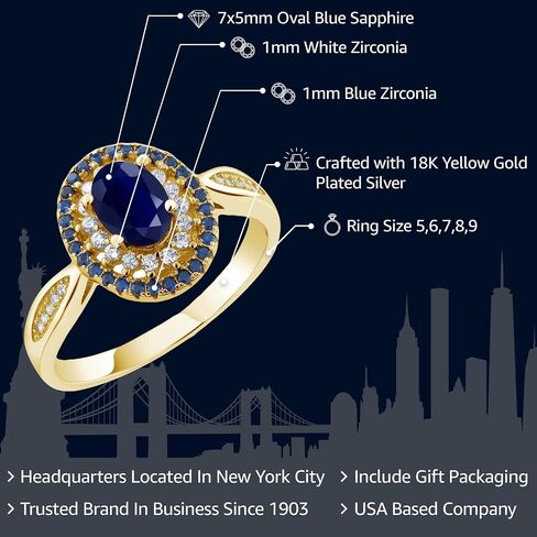 Gem Stone King Blue Sapphire 18K Yellow Gold Plated Silver Engagement Ring For Women (1.62 Cttw, Oval 7X5MM, Gemstone Birthstone, Available In Size 5, 6, 7, 8, 9) in Saudi Arabia