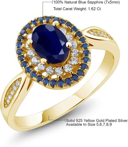 Gem Stone King Blue Sapphire 18K Yellow Gold Plated Silver Engagement Ring For Women (1.62 Cttw, Oval 7X5MM, Gemstone Birthstone, Available In Size 5, 6, 7, 8, 9) in Saudi Arabia
