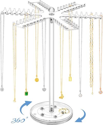 منظم مجوهرات دوار من الأكريليك، حامل منظم القلادة الشفاف مع 84 خطافًا، حامل عرض القلادة الدوارة للقلائد والأساور والخواتم والأقراط in Kuwait