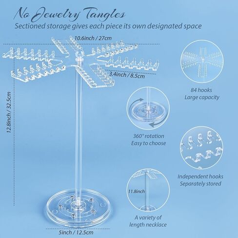منظم مجوهرات دوار من الأكريليك، حامل منظم القلادة الشفاف مع 84 خطافًا، حامل عرض القلادة الدوارة للقلائد والأساور والخواتم والأقراط in Kuwait