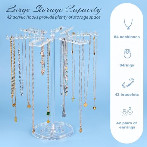 منظم مجوهرات دوار من الأكريليك، حامل منظم القلادة الشفاف مع 84 خطافًا، حامل عرض القلادة الدوارة للقلائد والأساور والخواتم والأقراط in Kuwait