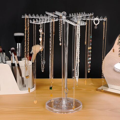 منظم مجوهرات دوار من الأكريليك، حامل منظم القلادة الشفاف مع 84 خطافًا، حامل عرض القلادة الدوارة للقلائد والأساور والخواتم والأقراط in Kuwait