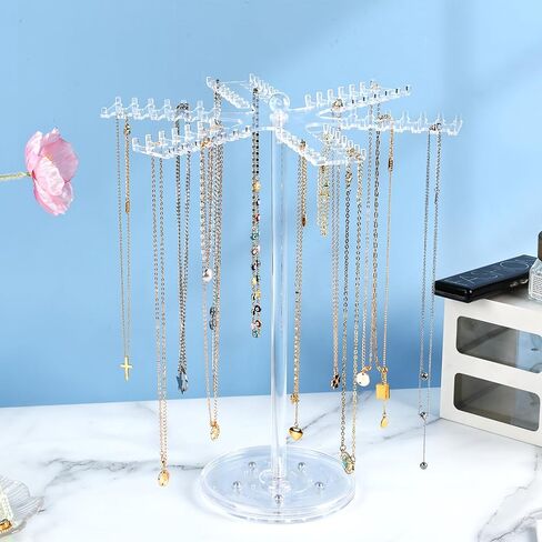 منظم مجوهرات دوار من الأكريليك، حامل منظم القلادة الشفاف مع 84 خطافًا، حامل عرض القلادة الدوارة للقلائد والأساور والخواتم والأقراط in Kuwait