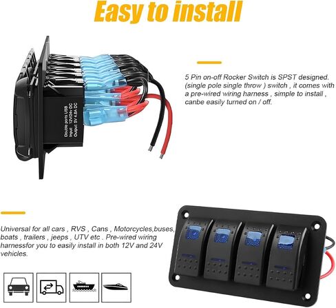 Car Switch Panel, 4 Gang Rocker ON Off Toggle Switch LED Aluminum Automotive Housing Bracket with 5 Pin Switch Waterproof Panel, Universal for Vehicle Truck Marine Boat RV and More in Saudi Arabia