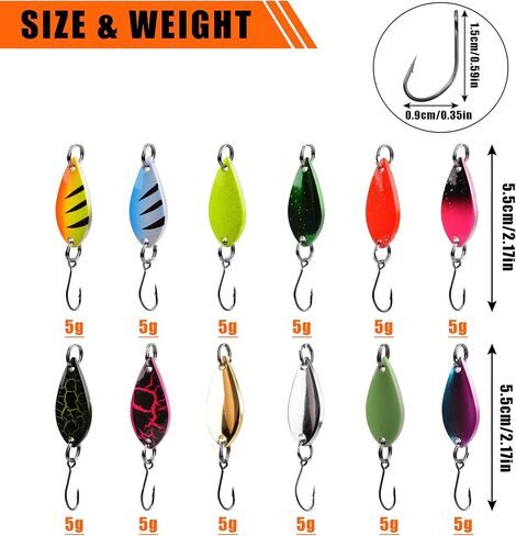 Spoon Fishing Lures,12pcs Blade Spoons Spinnerbait with Single Hook Saltwater Jig Lure Trout Bass Salmon Pike Walleye Spinner Baits Kit for Char Perch in Saudi Arabia