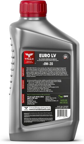 زيت محرك TRIAX Euro LV 0W-20 Full Syn PAO Esters متوافق مع BMW LL-12+، LL-17+، MB 229.71، VW 508.00/509.00 (1 كوارت) in Saudi Arabia