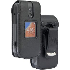 Case for Alcatel TCL Flip 2 Phone (2022), Nakedcellphone [Black Vegan Leather] Form-Fit Cover with [Built-in Screen Protection] and [Metal Belt Clip] for T408DL / TFALT408DCP