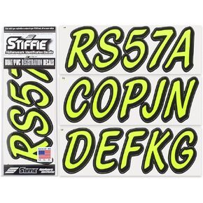 Stiffie Whipline Solid Day Glow Yellow/Black 3" Alpha-Numeric Registration Identification Numbers Stickers Decals for Boats & Personal Watercraft