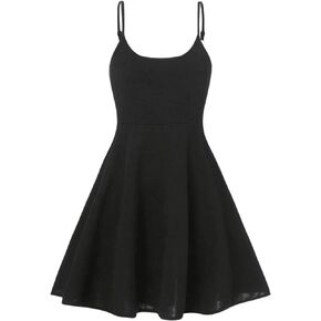 OYOANGLE Girl's Spaghetti Straps Cami Dress Solid High Waist Flared Knee Length Dresses