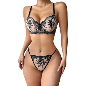 Lilosy Sexy Floral Mesh Sheer Underwire Push Up Garter Belt Lingerie 2 Piece
