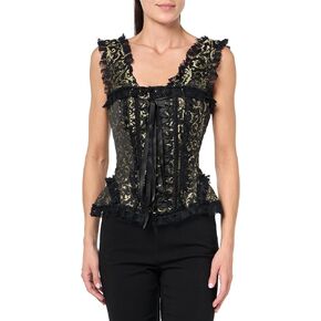 Daisy corsets Womens Top Drawer Gold/Black Swirl Brocade & Lace Steel Boned Corset W/Cap SleevesCorset