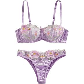 Verdusa Women's 2 Piece Embroidery Mesh Satin Lingerie Sets Underwire Bra and Thong Set