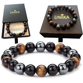 UNIIKA Handmade Triple Protection Bracelet - 1 year replacement - 10mm Beads Tiger Eye's, Obsidian & Hematite Crystal for Mens and Women