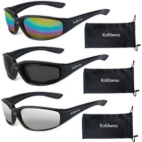 3PCS Driving Motorcycle Riding Glasses Foam Padded Motocross Eyeglass Waterproof UV Protection Anti-Wind Dustproof Goggles Eyewear Sunglasses for Outdoor Activities Sports-Smoke/Silver Mirror/Colorful