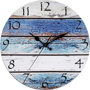 Bernhard Products Rustic Beach Wall Clock 12" Round, Silent Non Ticking Quartz Battery Operated Fiberboard Wooden Look, Vintage Shabby Beachy Ocean Coastal Nautical Decorative Kitchen Office Clocks