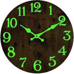 Luminous Wall Clock, Silent Non-Ticking 12'' Night Light Wall Clocks Battery Operated, Country Style Wooden Illuminated Wall Clock Decorative for Kitchen, Home, Bedrooms, Office (Black)