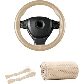 Genuine Leather Steering Wheel Cover, 15" Universal Car Steering Wheel Protector with Needle Thread, Breathable Anti-Slip Steering Wheel Cover DIY Stitch on Wrap (Black & Red, Full Hole)