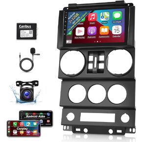 for Jeep Wrangler (4 Doors) 2007 2008 2009 2010 with Wireless Apple Carplay and Android Auto, 2+32G 9 Inch Touchscreen Android Car Radio, DSP/GPS/WiFi + AHD Backup Camera and Mic